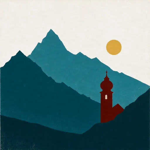Illustration: eine österreichische Alpenlandschaft in geschichteten Silhouetten mit einem Kirchturm im Tal, flächig im Siebdruck.