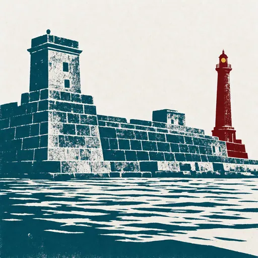 Illustration: eine befestigte Hafenmole mit Wachturm und Leuchtturm über flachem Wasser, flächig im Siebdruck.