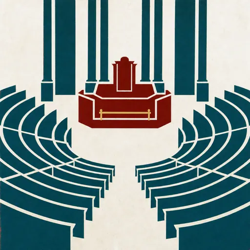 Illustration: der leere Plenarsaal eines Parlaments mit gebogenen Bankreihen und Rednerpult, flächig im Siebdruck.
