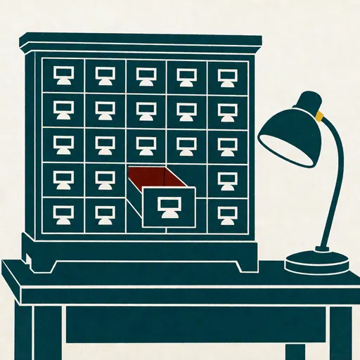 Illustration: ein Bibliotheks-Zettelkatalog mit einer einzigen ausgezogenen Schublade und einer Tischlampe, flächig im Siebdruck.