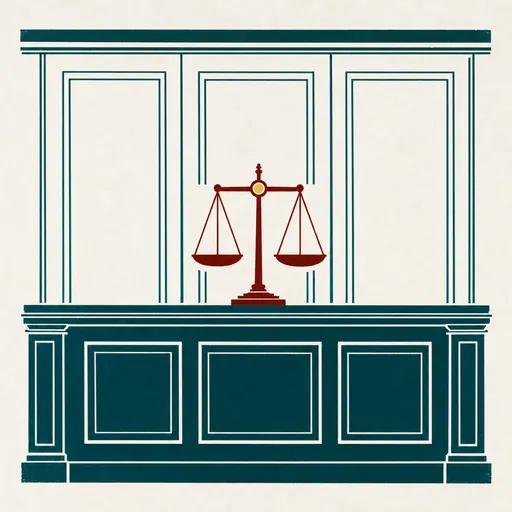 Illustration: eine Richterbank mit einer im Gleichgewicht stehenden Balkenwaage darauf, flächig im Siebdruck.